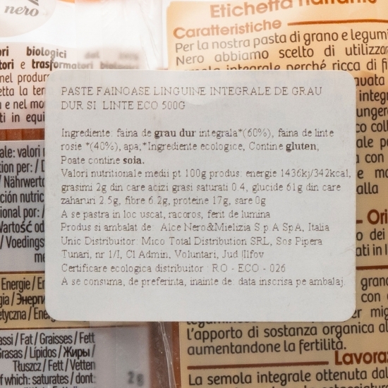 Paste Linguine integrale din grâu dur și linte eco 500g