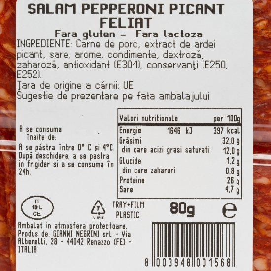 Salam Pepperoni picant, feliat 80g