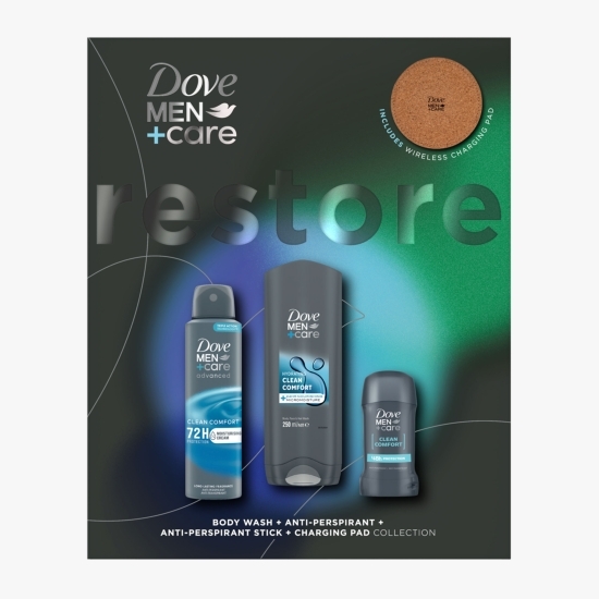 Set cadou Men+Care: deodorant spray Clean Comfort 150ml & gel de duș Clean Comfort 250ml & deodorant stick Clean Comfort 50ml + încărcător fără fir pentru telefon