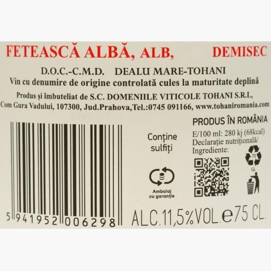 Vin alb demisec Fetească Albă, 11.5%, 0.75l 