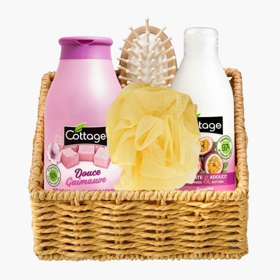 Set cadou coșuleț: gel de duș Marshmallow 250ml + lapte de corp Smoothie 200ml + burete + perie de păr