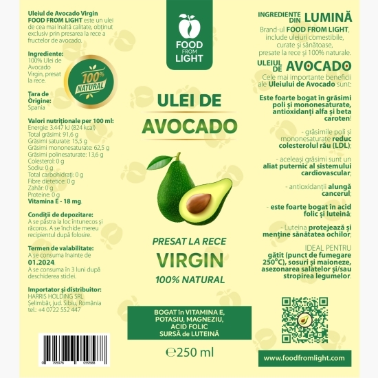 Ulei de avocado virgin - presat la rece 0.25l