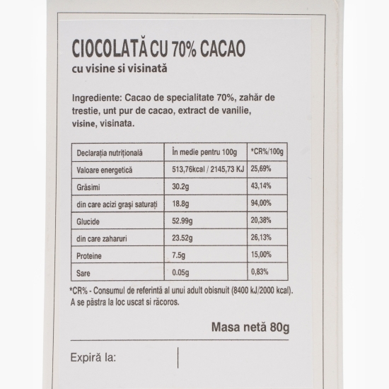 Ciocolată neagră cu vișine din vișinată 80g