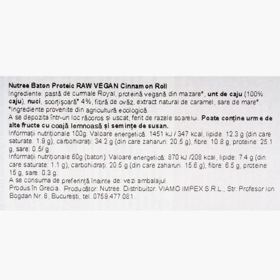 Baton proteic Raw Vegan Cinnamon Roll fără zahăr adăugat 60g