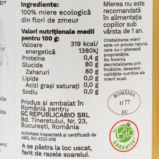 Miere crudă de zmeură ecologică 700g