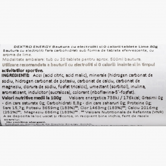 Băutură cu electroliți cu aromă de lime 80g, 0 calorii, 20 tablete