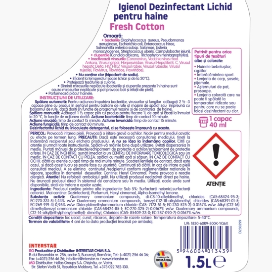 Dezinfectant lichid pentru haine albe și colorate Fresh Cotton, 1.5l