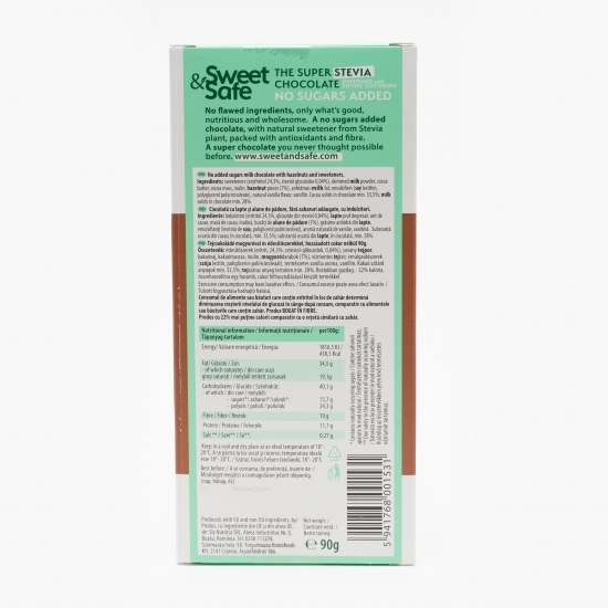 Ciocolată cu lapte, alune de pădure, fără zahăr și îndulcitor stevie 90g