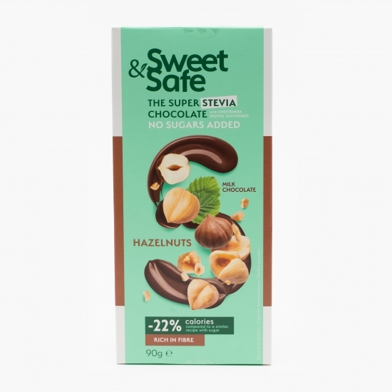 Ciocolată cu lapte, alune de pădure, fără zahăr și îndulcitor stevie 90g
