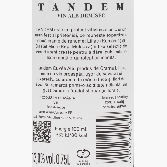 Vin alb demisec, 13%, 0.75l