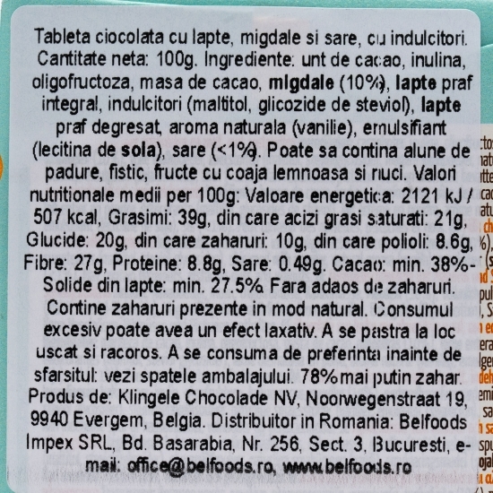 Ciocolată cu lapte cu migdale & sare de mare, fără zahăr adăugat 100g