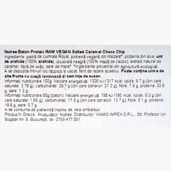 Baton proteic Raw Vegan Salted Caramel Choco Chip fără zahăr adăugat 60g