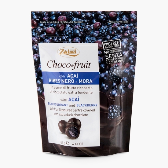 Bomboane din ciocolată neagră Choco&Fruit cu acai, mure și coacăză neagră 125g