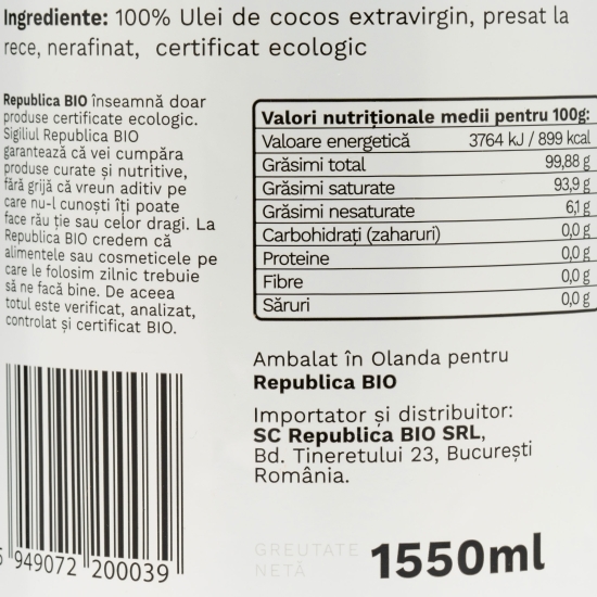 Ulei de cocos ecologic extravirgin, presat la rece 1550ml