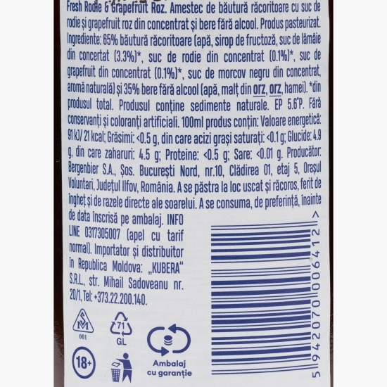 Bere blondă fără alcool, rodie&grapefrui, stică 0.33l