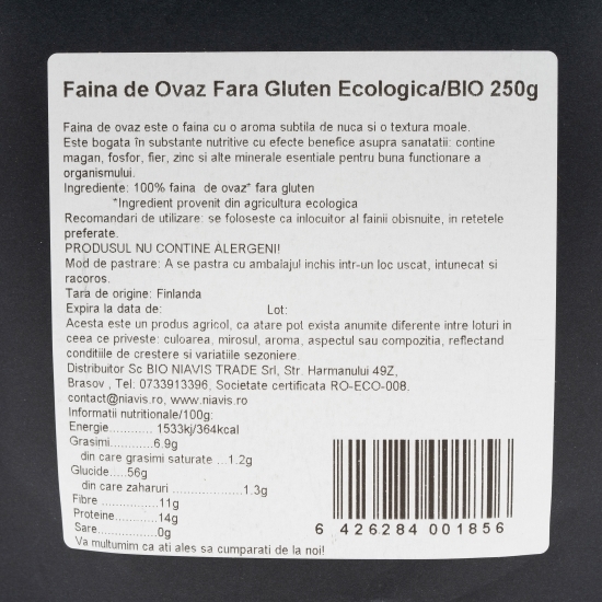 Făină de ovăz ecologică, fără gluten, 250g