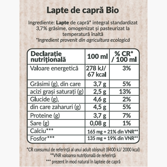 Lapte de capră eco, 3.7% grăsime, 1l