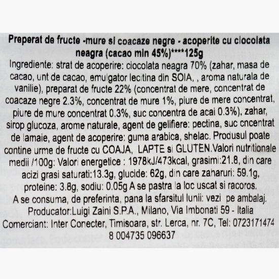Bomboane din ciocolată neagră Choco&Fruit cu acai, mure și coacăză neagră 125g