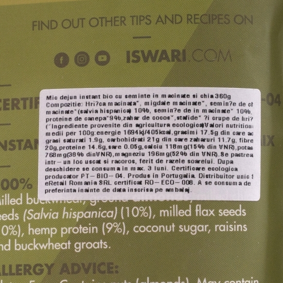 Mic dejun instant eco cu semințe in măcinate și chia 360g