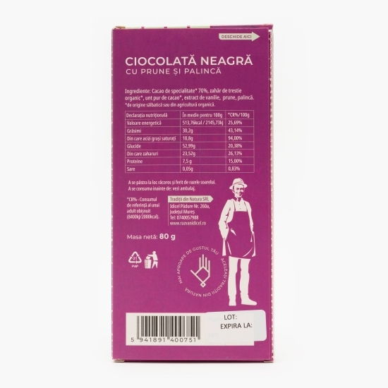 Ciocolată neagră cu prune și palincă 80g