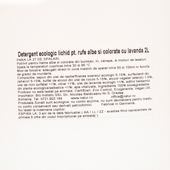 Detergent de rufe lichid bio haine albe și colorate, cu lavandă, 27 spălări, 2l